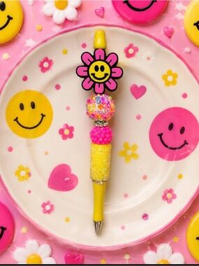 Handmade Happy Daisy Beaded Ballpoint Pen - Pink & Yellow